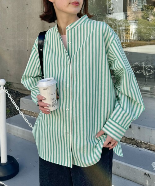 美品ダイワピア テックバンドカラーシャツ ストライプ ブラウンF