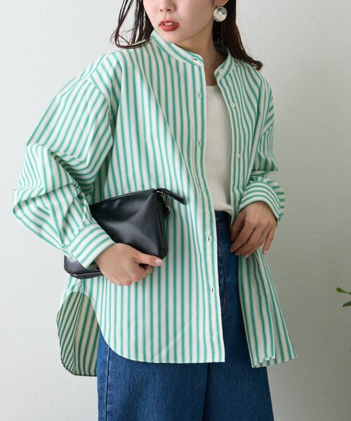 CIAOPANIC TYPY（チャオパニックティピー）の「【しわになりにくい】ボリュームスリーブバンドカラーシャツ/ストライプ柄/チェック柄（シャツ/ブラウス・レディース・サックスブルー/グリーン/レッド/ブラウン/ネイビー/ピンク/キャメル/イエロー/アイボリー/ブルー・ONE SIZE）」の19枚目の写真