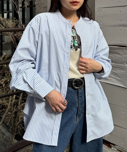 CIAOPANIC TYPY（チャオパニックティピー）の「【しわになりにくい】ボリュームスリーブバンドカラーシャツ/ストライプ柄/チェック柄（シャツ/ブラウス・レディース・サックスブルー/グリーン/レッド/ブラウン/ネイビー/ピンク/キャメル/イエロー/アイボリー/ブルー・ONE SIZE）」の18枚目の写真