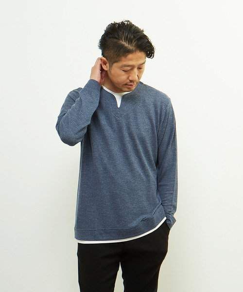 MEN'S MELROSE(メンズメルローズ)の「リンクスストライプフェイクレイヤードキーネックTシャツ(Tシャツ/カットソー・メンズ・ブラック/ライトグレー/ネイビー・3/2/4)」の3枚目の写真