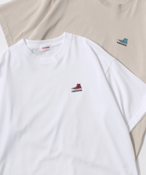 CONVERSE(コンバース)の「CONVERSE/コンバース オーバーサイズ DRY 吸水速乾 UVカット ワンポイントシューズ刺繍 半袖Tシャツ レディース メンズ(Tシャツ/カットソー・レディース・ベージュ/ホワイト/ブルー/ブラック・M/L/LL)」の16枚目の写真