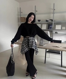 3点セット スウェット×フレアパンツ×チェック腰巻き
