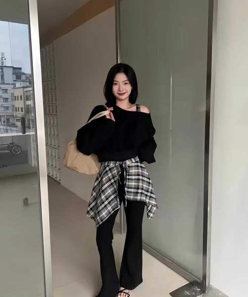 半額以下 furfur フレアパンツ チェック コルセット
