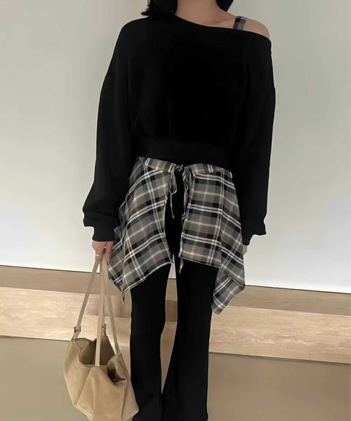 セットアップ/DEFY チェック柄 ハイネック トレーナー&パンツ ニット セットアップ レディース ニットセット パンツセット