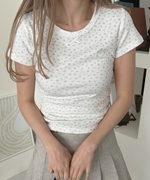 小花柄レースネックTシャツ