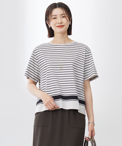 J.PRESS Ladies(J.プレス レディス)の「【洗える】パネルボーダー Tシャツ(Tシャツ/カットソー・レディース・ネイビー系1/ブラック系2/ダークブラウン系1・SMALL)」の1枚目の写真
