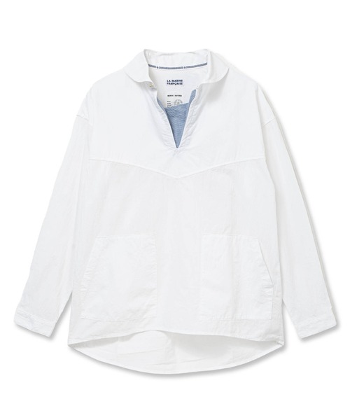 LA MARINE FRANCAISE(マリン フランセーズ)の「NATIC別注 マイクロサッカーシャツ(Tシャツ/カットソー・レディース・ホワイト/ネイビー・FREE)」の1枚目の写真