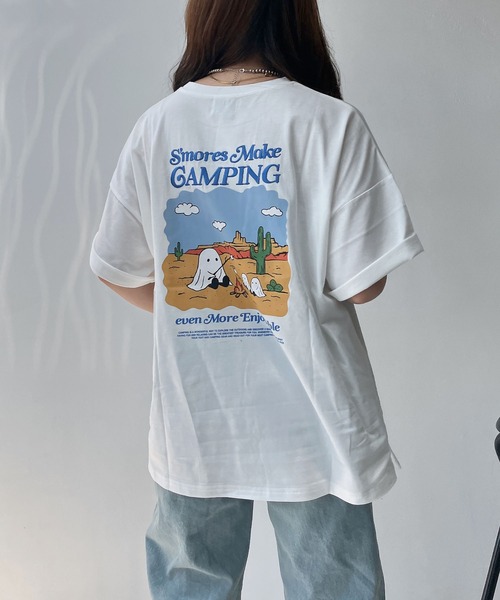 AS KNOW AS plus(アズノゥアズプラス)の「●ワンポイント刺繍 おばけプリントビッグサイズ半袖Tシャツ(Tシャツ/カットソー・レディース・オフホワイト/スミクロ/オートミール/ワイン系/ホワイト系/ブラック系/アイボリー系1/ブラック系1/ピンク系1/ホワイト系1・FREE)」の2枚目の写真