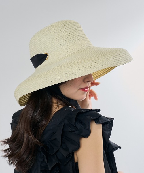 MAISON BREEZE（メゾンブリーズ）の「【MAISON BREEZE】リボン付きつば広麦わら帽子 KNF-TP（ハット・レディース・ベージュ/ブラック/アイボリー・FREE）」の2枚目の写真