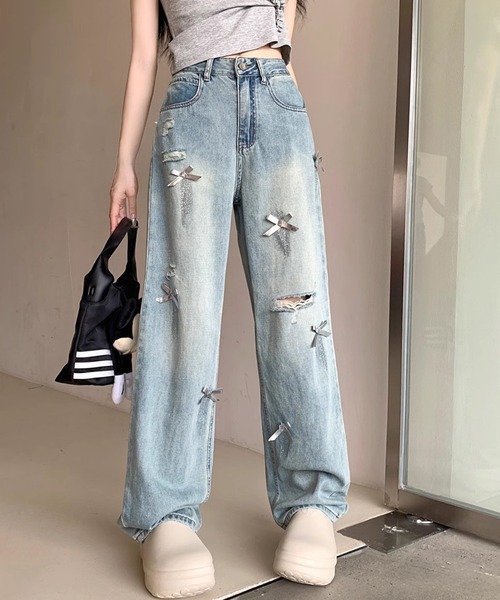 デニム パンツ ダメージ加工 ジーンズ ウォッシュ加工 ルーズ 5 ジーンズ 「ユニセックス」オーバーダイ ヴィンテージウォッシュ