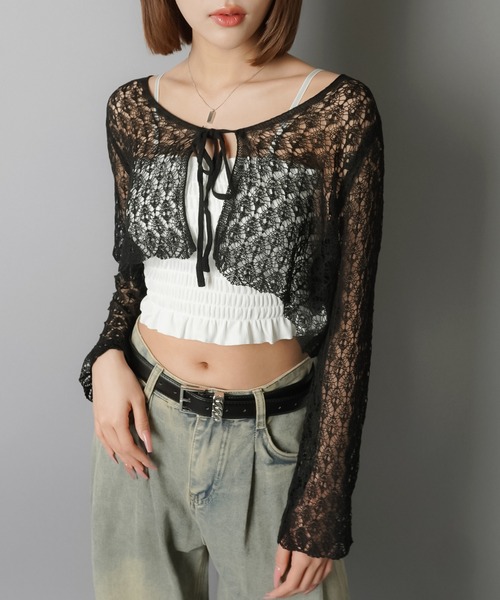 SPINNS（スピンズ）の「透かし編みニットボレロ/カーディガン（カーディガン/ボレロ・レディース・ホワイト/ブラック/アイボリー/ワイン・ONESIZE）」の19枚目の写真