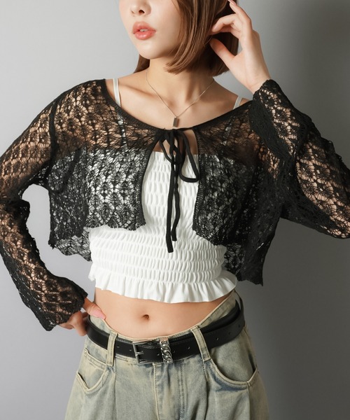 SPINNS（スピンズ）の「透かし編みニットボレロ/カーディガン（カーディガン/ボレロ・レディース・ホワイト/ブラック/アイボリー/ワイン・ONESIZE）」の17枚目の写真