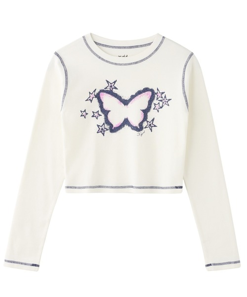 X-girl（エックスガール）の「STAR FLUTTER BUTTERFLY L/S BABY TEE（Tシャツ/カットソー・レディース・ブラック/オリーブ/ホワイト・S/M）」の2枚目の写真