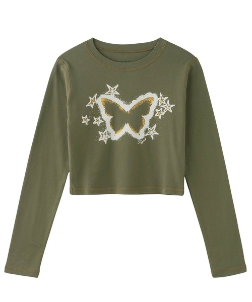 X-girl（エックスガール）の「STAR FLUTTER BUTTERFLY L/S BABY TEE（Tシャツ/カットソー・レディース・ブラック/オリーブ/ホワイト・S/M）」の3枚目の写真