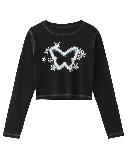 X-girl（エックスガール）の「STAR FLUTTER BUTTERFLY L/S BABY TEE（Tシャツ/カットソー・レディース・ブラック/オリーブ/ホワイト・S/M）」の11枚目の写真