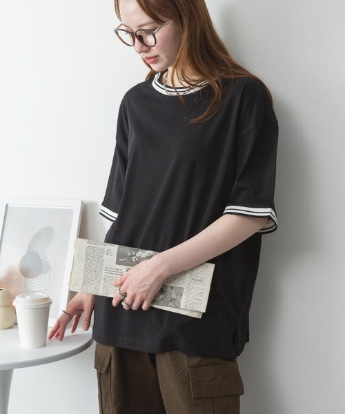RCD(アールシーディー)の「配色袖リブライン入りTシャツ(Tシャツ/カットソー・レディース・ブラック/ホワイト・M-L/LL~3L/4L~5L)」の2枚目の写真