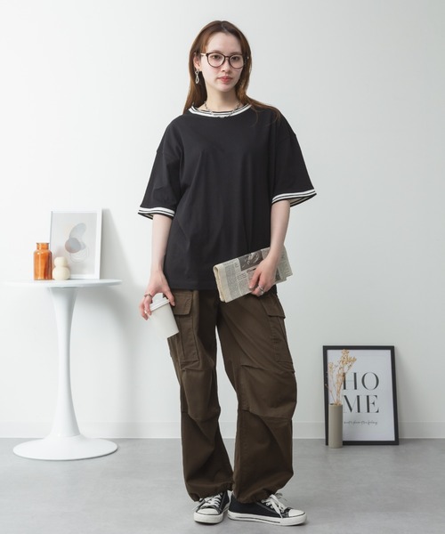 RCD(アールシーディー)の「配色袖リブライン入りTシャツ(Tシャツ/カットソー・レディース・ブラック/ホワイト・M-L/LL~3L/4L~5L)」の4枚目の写真