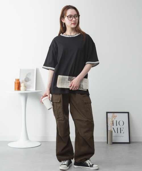 RCD(アールシーディー)の「配色袖リブライン入りTシャツ(Tシャツ/カットソー・レディース・ブラック/ホワイト・M-L/LL~3L/4L~5L)」の9枚目の写真