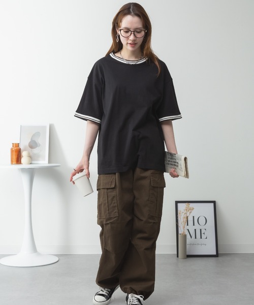 RCD(アールシーディー)の「配色袖リブライン入りTシャツ(Tシャツ/カットソー・レディース・ブラック/ホワイト・M-L/LL~3L/4L~5L)」の3枚目の写真