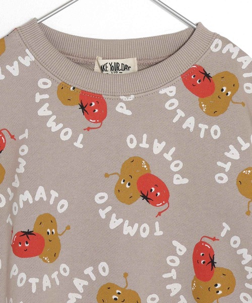 MAKE YOUR DAY（メイクユアデイ）の「トマポテト総柄裏毛トレーナー■80～140cm（スウェット・キッズ・ミント/ベージュ・130/120/100/90/80/140/110）」の5枚目の写真