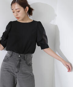 セール】ショルダー切替ギャザーパフスリーブブラウス【手洗い