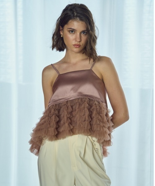 キャミソール Tulle tiered SatinCamisole top チュールティアードサテンキャミTOP Tulle tiered SatinCamisole top チュールティアードサテン