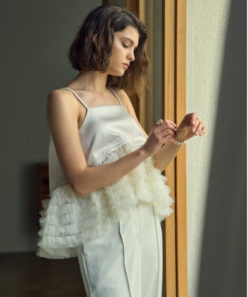 Tulle tiered SatinCamisole top チュールティアードサテンキャミTOP
