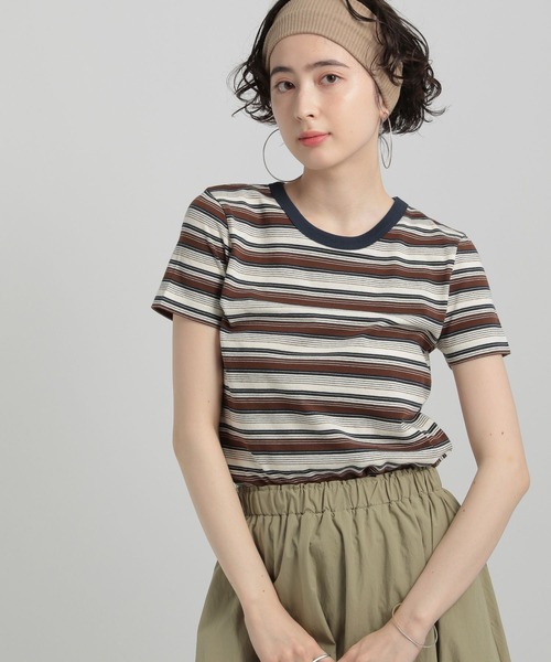 GEORGE'S(ジョージズ)の「リンガーボーダーTシャツ(Tシャツ/カットソー・レディース・ブルー系/イエロー系/ホワイト×ブラック/ブラウン系・SMALL/MEDIUM)」の2枚目の写真