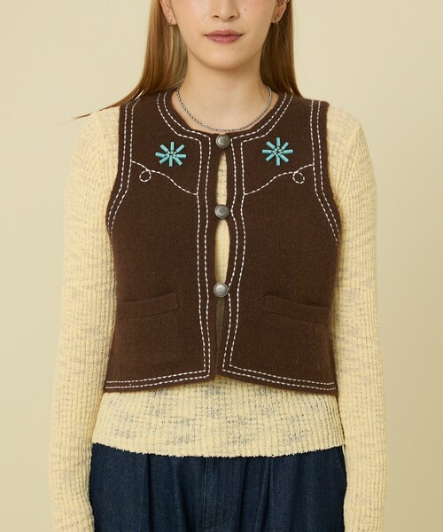 セール】ウエスタン調 ビーズニットベスト/コンチョボタンベスト