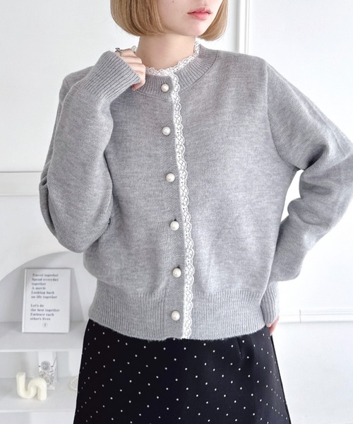 セール】パールボタンレーストリムカーディガン（ニット/セーター