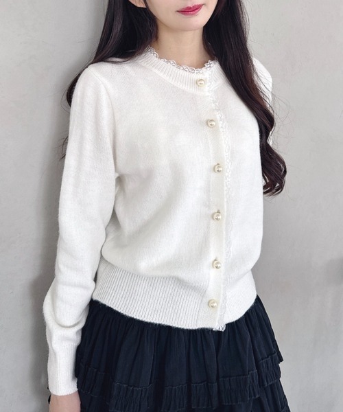 セール】パールボタンレーストリムカーディガン（ニット/セーター