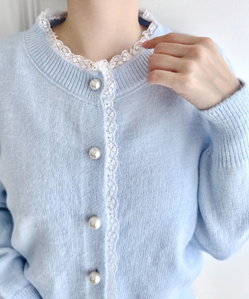 セール】パールボタンレーストリムカーディガン（ニット/セーター