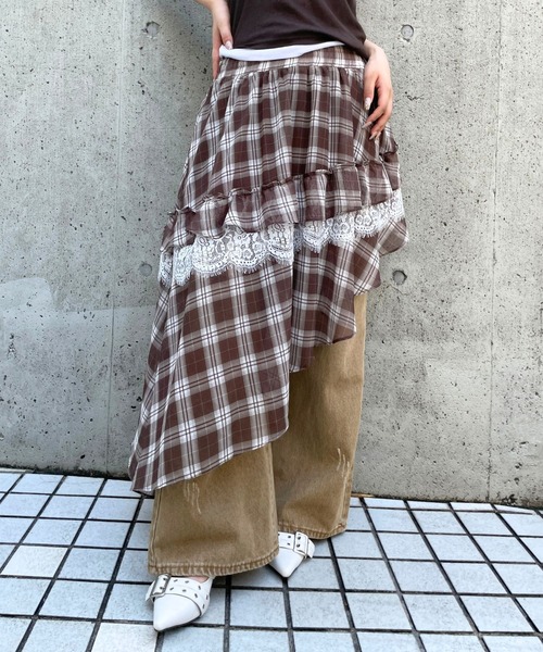 3.3 Field Trip （3.3フィールドトリップ）の「3.3 Field Trip／チェックイレヘムレイヤードスカート（スカート・レディース・ブラック/ブラウン・FREE）」の2枚目の写真