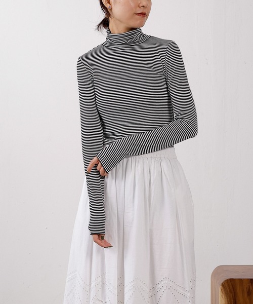 emesuelee(エメスーリー)の「ボーダータートルネックカットソー(Tシャツ/カットソー・レディース・グリーン/ダークグレー/グレー/オフホワイト/アイボリー・フリー)」の9枚目の写真