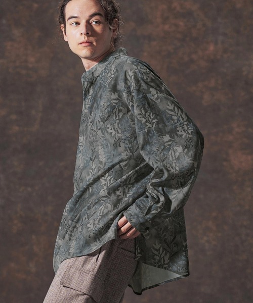 Jih Nunc（ジーヌンク）の「ms6212-リーフ総柄スタンドカラープルオーバーシャツ(JIH-R1142)（シャツ/ブラウス・メンズ・ベージュ/チャコール・L/M/S）」の5枚目の写真