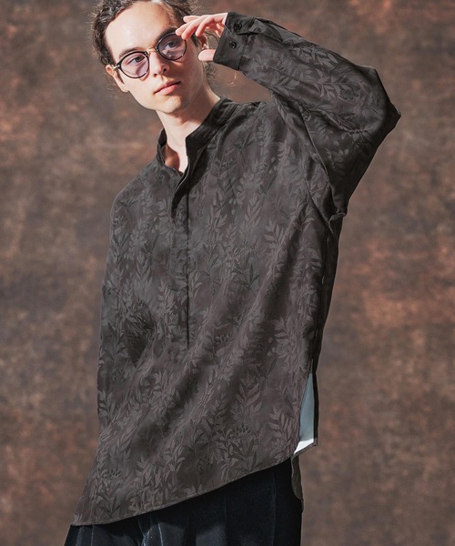 Jih Nunc（ジーヌンク）の「ms6212-リーフ総柄スタンドカラープルオーバーシャツ(JIH-R1142)（シャツ/ブラウス・メンズ・ベージュ/チャコール・L/M/S）」の11枚目の写真