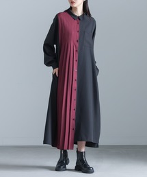 配色プリーツシャツワンピース