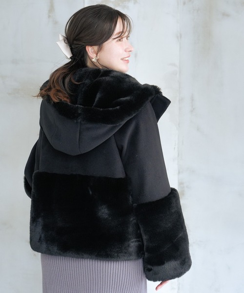 セール】リボンブローチ付きフードファー切替えコート（その他アウター