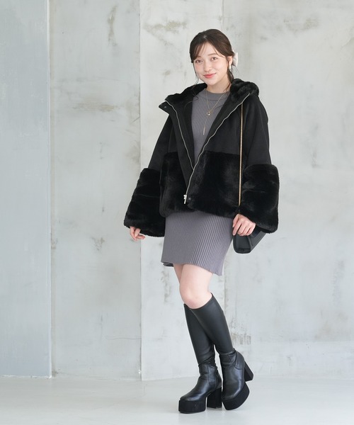 リボンブローチ付きフードファー切替えコート（その他アウター