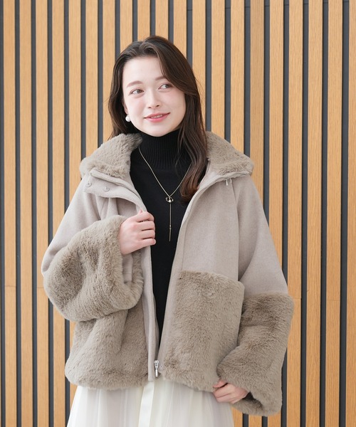 セール】リボンブローチ付きフードファー切替えコート（その他アウター