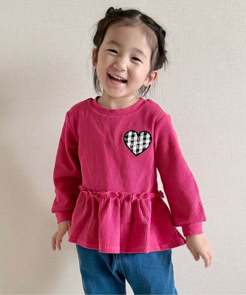 apres les cours（アプレレクール）の「【新色追加】ワッフルペプラムハートモチーフTシャツ（Tシャツ/カットソー・キッズ・オフホワイト/ミント/アイボリー/グレー/マスタード/ローズ/ネイビー/イエロー/グリーン/ピンク・140/130/80/120/110/100/90）」の10枚目の写真