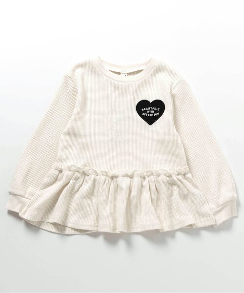 apres les cours（アプレレクール）の「【新色追加】ワッフルペプラムハートモチーフTシャツ（Tシャツ/カットソー・キッズ・オフホワイト/ミント/アイボリー/グレー/マスタード/ローズ/ネイビー/イエロー/グリーン/ピンク・140/130/80/120/110/100/90）」の3枚目の写真