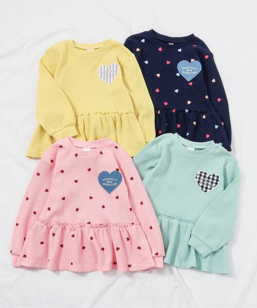 apres les cours（アプレレクール）の「【新色追加】ワッフルペプラムハートモチーフTシャツ（Tシャツ/カットソー・キッズ・オフホワイト/ミント/アイボリー/グレー/マスタード/ローズ/ネイビー/イエロー/グリーン/ピンク・140/130/80/120/110/100/90）」の12枚目の写真