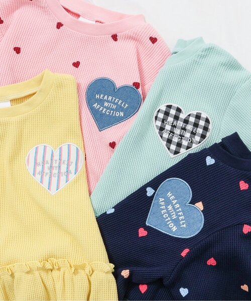 apres les cours（アプレレクール）の「【新色追加】ワッフルペプラムハートモチーフTシャツ（Tシャツ/カットソー・キッズ・オフホワイト/ミント/アイボリー/グレー/マスタード/ローズ/ネイビー/イエロー/グリーン/ピンク・140/130/80/120/110/100/90）」の13枚目の写真