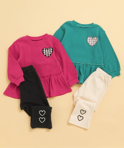 apres les cours（アプレレクール）の「【新色追加】ワッフルペプラムハートモチーフTシャツ（Tシャツ/カットソー・キッズ・オフホワイト/ミント/アイボリー/グレー/マスタード/ローズ/ネイビー/イエロー/グリーン/ピンク・140/130/80/120/110/100/90）」の18枚目の写真