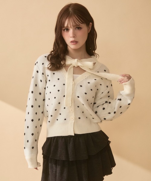 TITTY&CO.（ティティーアンドコー）の「ドットネックリボンニットカーデ（カーディガン/ボレロ・レディース・アイボリー/ブラック/グレー・FREE）」の6枚目の写真