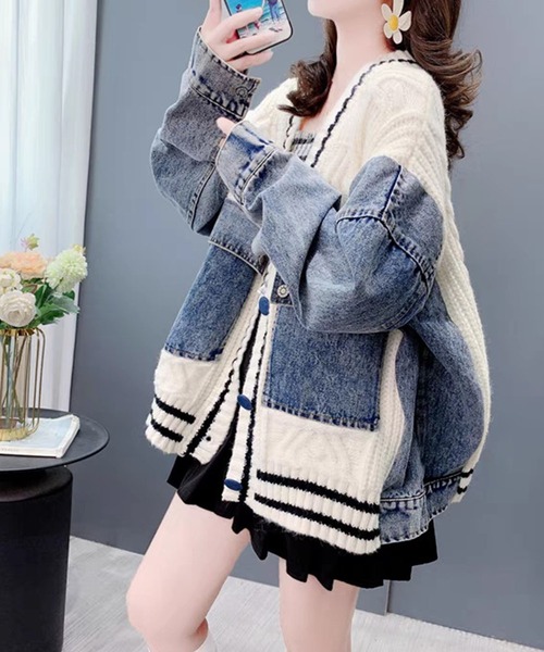 GLAMOROUS JANE(グラマラスジェーン)の「デニム切替ラインリブニットカーデ(カーディガン/ボレロ・レディース・ブラック/オフホワイト・FREE)」の2枚目の写真