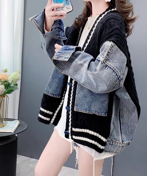 GLAMOROUS JANE(グラマラスジェーン)の「デニム切替ラインリブニットカーデ(カーディガン/ボレロ・レディース・ブラック/オフホワイト・FREE)」の1枚目の写真