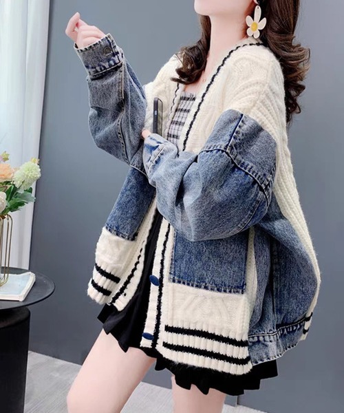 GLAMOROUS JANE(グラマラスジェーン)の「デニム切替ラインリブニットカーデ(カーディガン/ボレロ・レディース・ブラック/オフホワイト・FREE)」の12枚目の写真