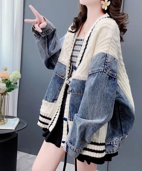 GLAMOROUS JANE(グラマラスジェーン)の「デニム切替ラインリブニットカーデ(カーディガン/ボレロ・レディース・ブラック/オフホワイト・FREE)」の11枚目の写真